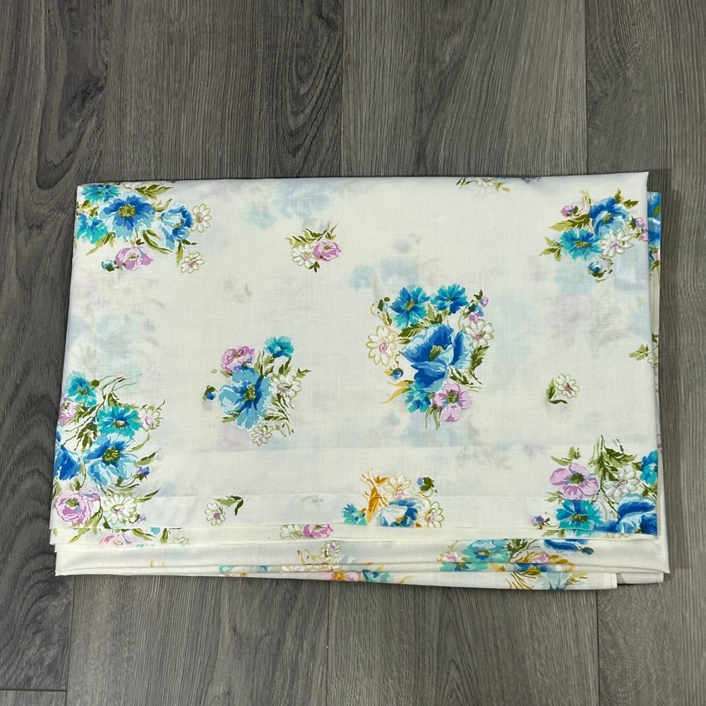 Vintage Springmaid Marvelaire Twin Flat Sheet White Blue Pink Floral Muslin USA